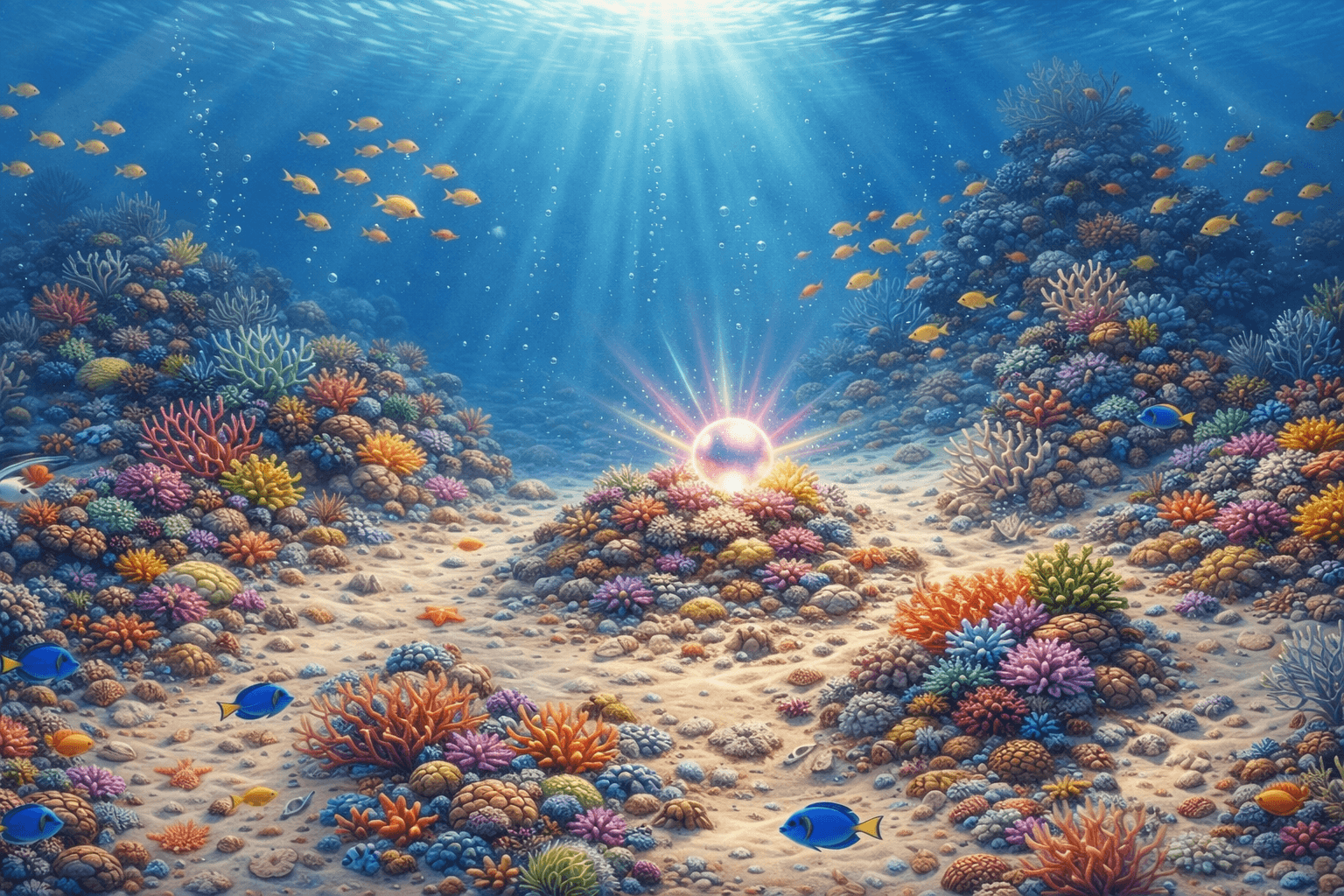 Magische Tanzperle leuchtet im Meer Kinderbuch Szene